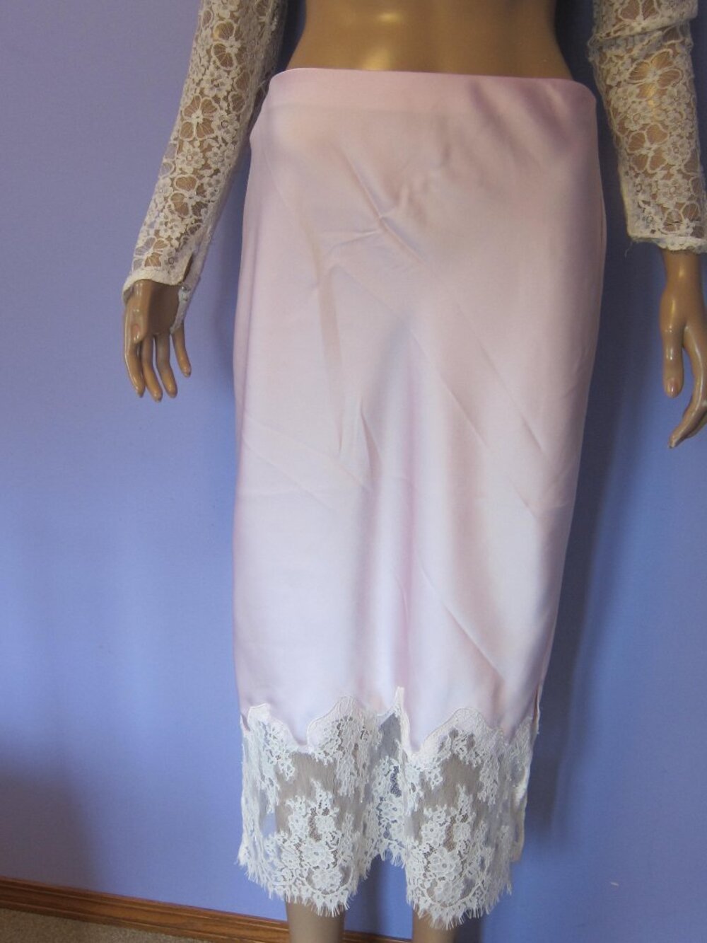 JOIE Pink Satin Antique Lace Trim Slip Skirt Midi NWT Size M